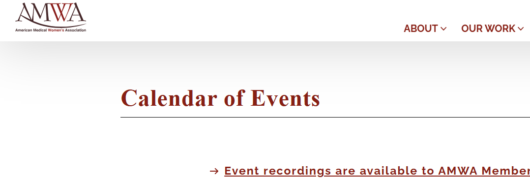 Screenshot of the AMWA website showing the 'Calendar of Events' page with a header and navigation menu, and a note that event recordings are available to members.