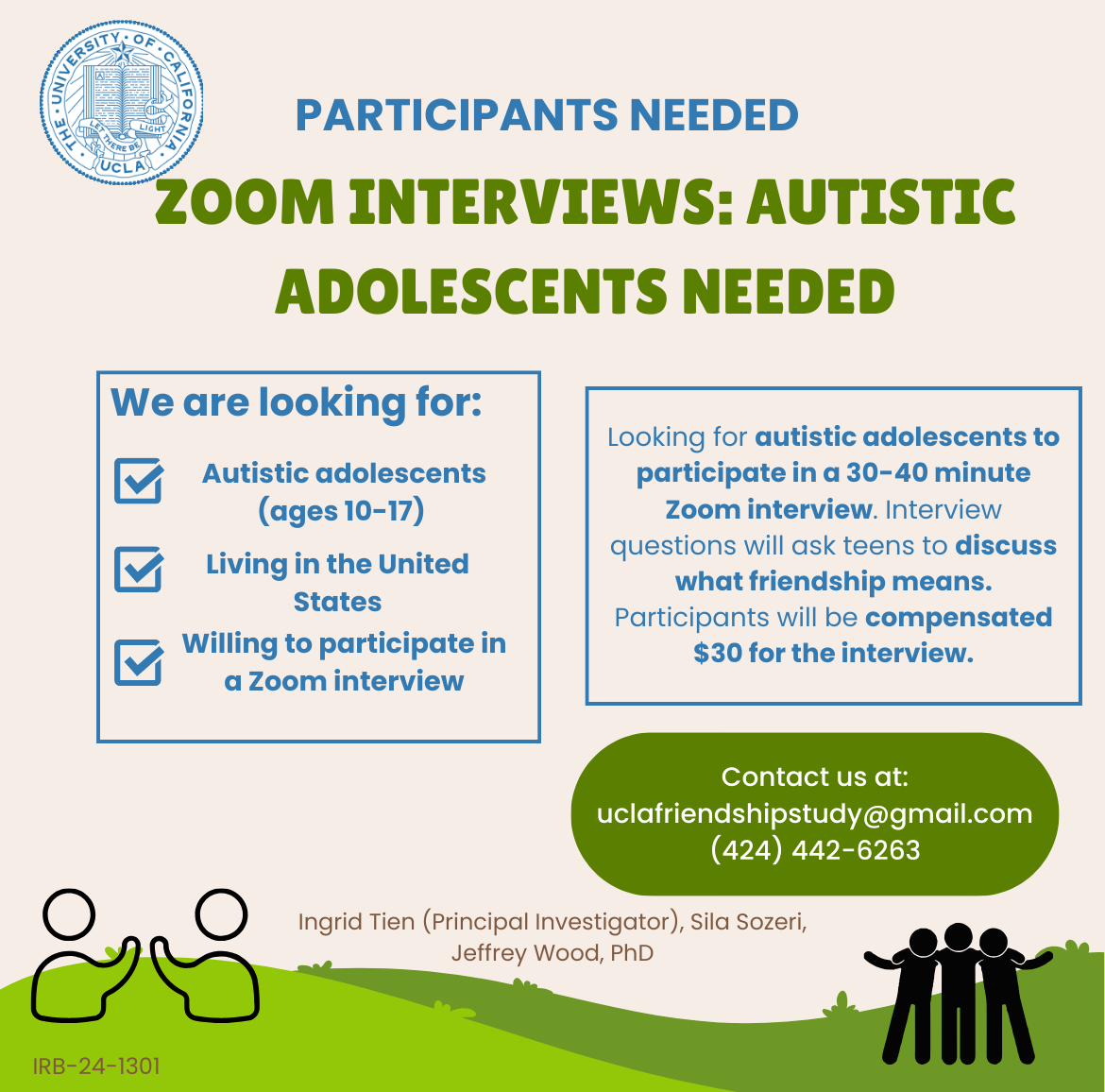 Flyer for UCLA study seeking autistic adolescents aged 10-17 in the United States for 30-40 minute Zoom interview, paying $30, with contact information and illustrations of two people high-fiving and a group of three with arms around each other.