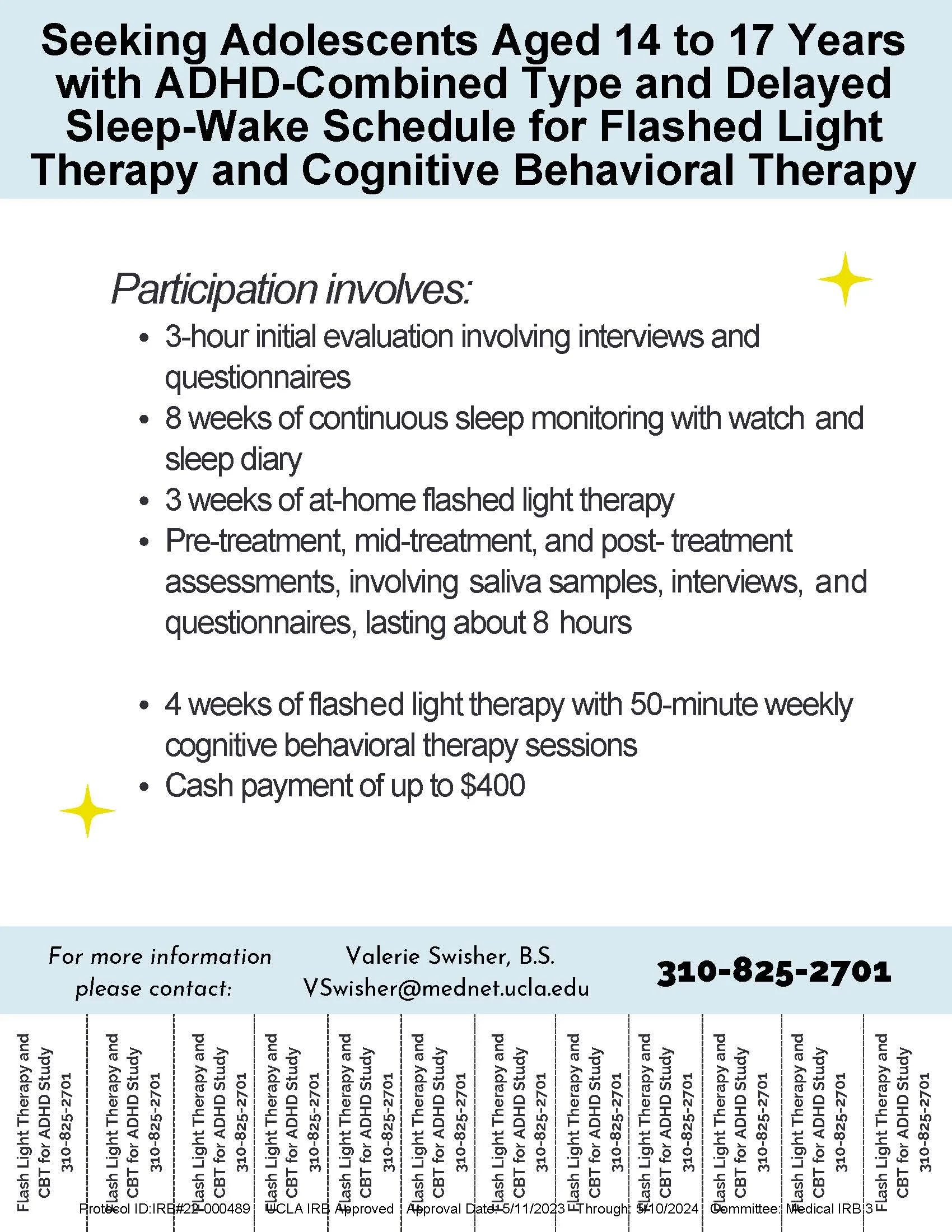 Text-based flyer about a study involving adolescents aged 14 to 17 with ADHD, including details of participation, procedures, medication, and contact information.