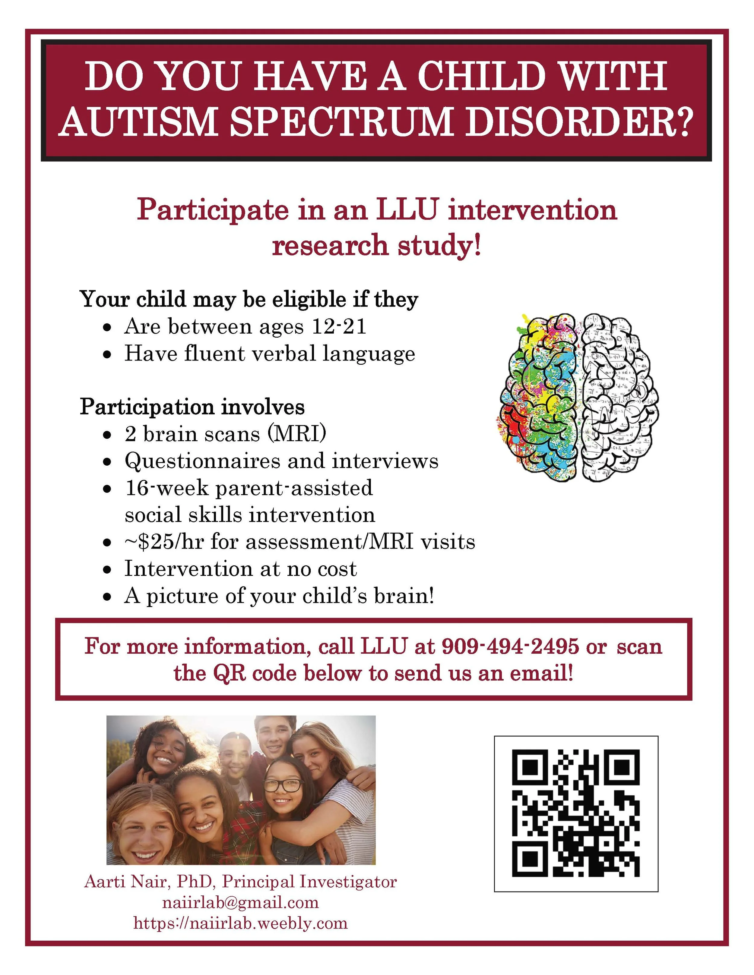 Flyer advertising a research study for children with autism spectrum disorder, featuring a colorful illustration of a brain, a group of smiling diverse children, and a QR code.