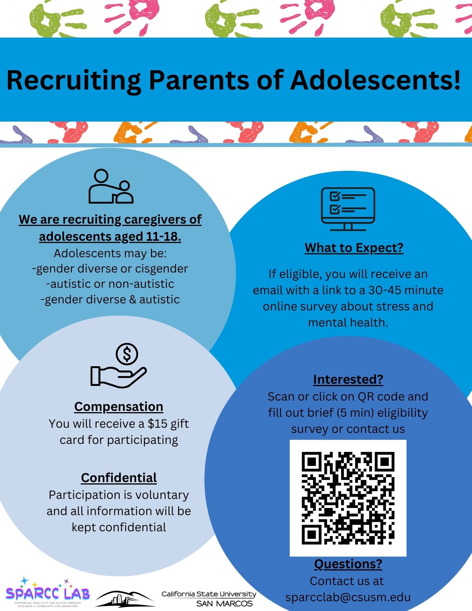 Flyer for recruiting parents of adolescents aged 11-18 for a stress and mental health survey. Contains information on eligibility, compensation, confidentiality, and contact details, with colorful handprint border at the top and logos from SparkLab and California State University.