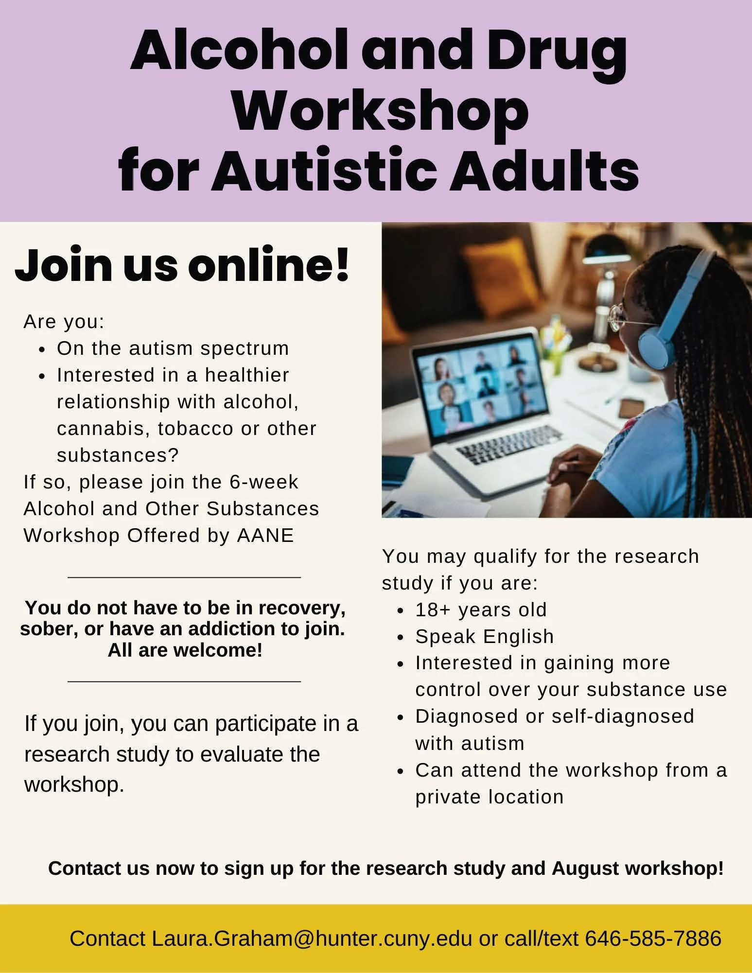Flyer promoting an online alcohol and drug workshop for autistic adults, featuring a person with braids and headphones on a video call on a laptop, with event details and contact information.