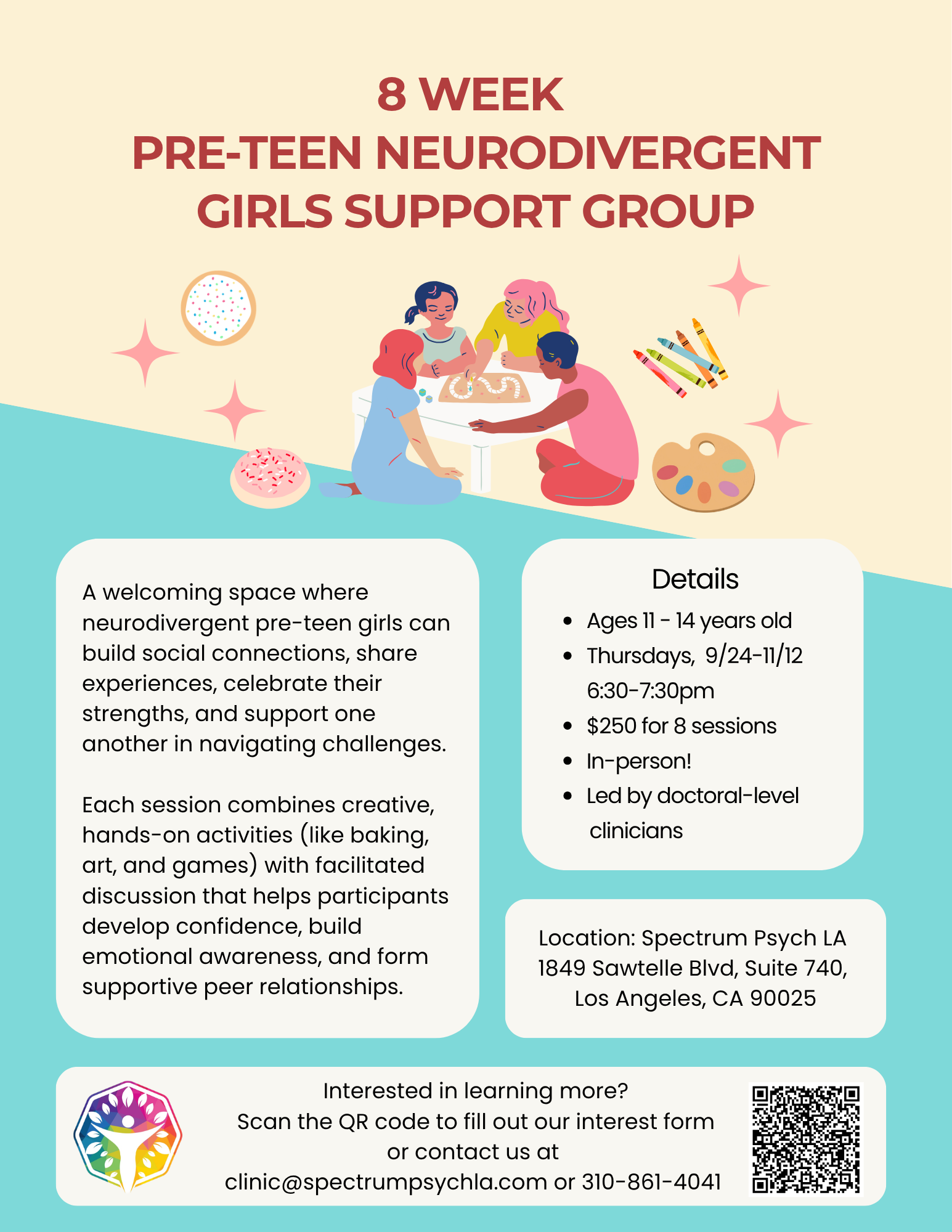 Flyer for 8-week neurodivergent pre-teen girls support group at Spectrum Psych LA.