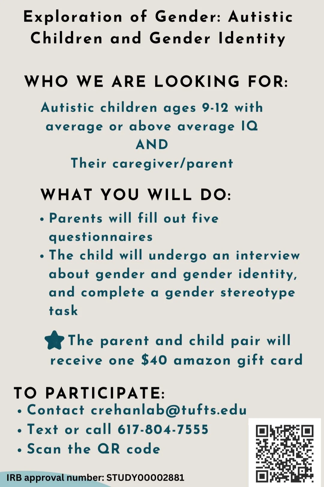 Flyer titled 'Exploration of Gender: Autistic Children and Gender Identity' with details about a research study seeking autistic children aged 9-12 with above-average IQ and their caregivers. Instructions include questionnaires and interviews, with a $40 Amazon gift card incentive, along with contact email, phone, and a QR code.