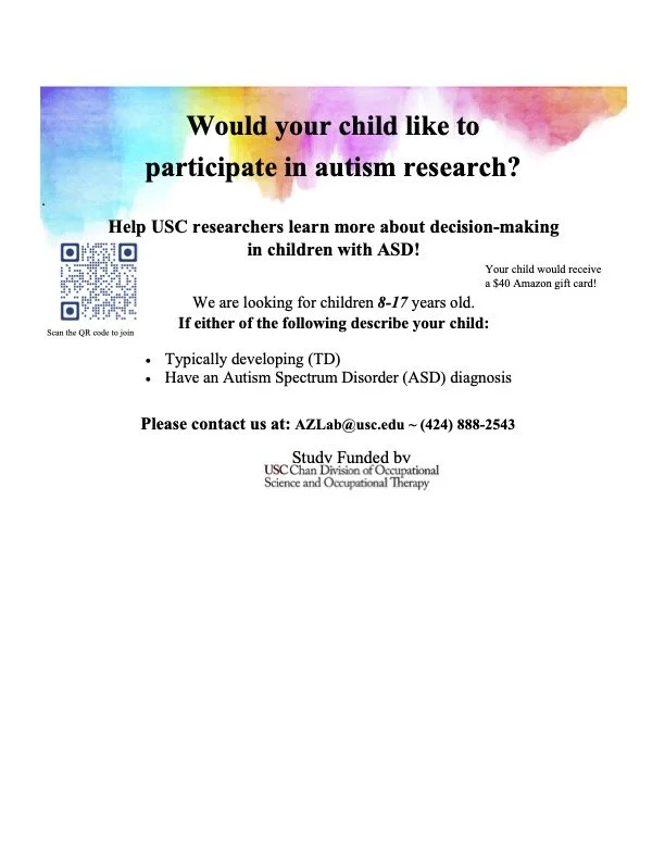 Flyer with rainbow-colored border asking if your child would like to participate in autism research, offering a $40 Amazon gift card as an incentive, with contact information and a QR code for joining the study.