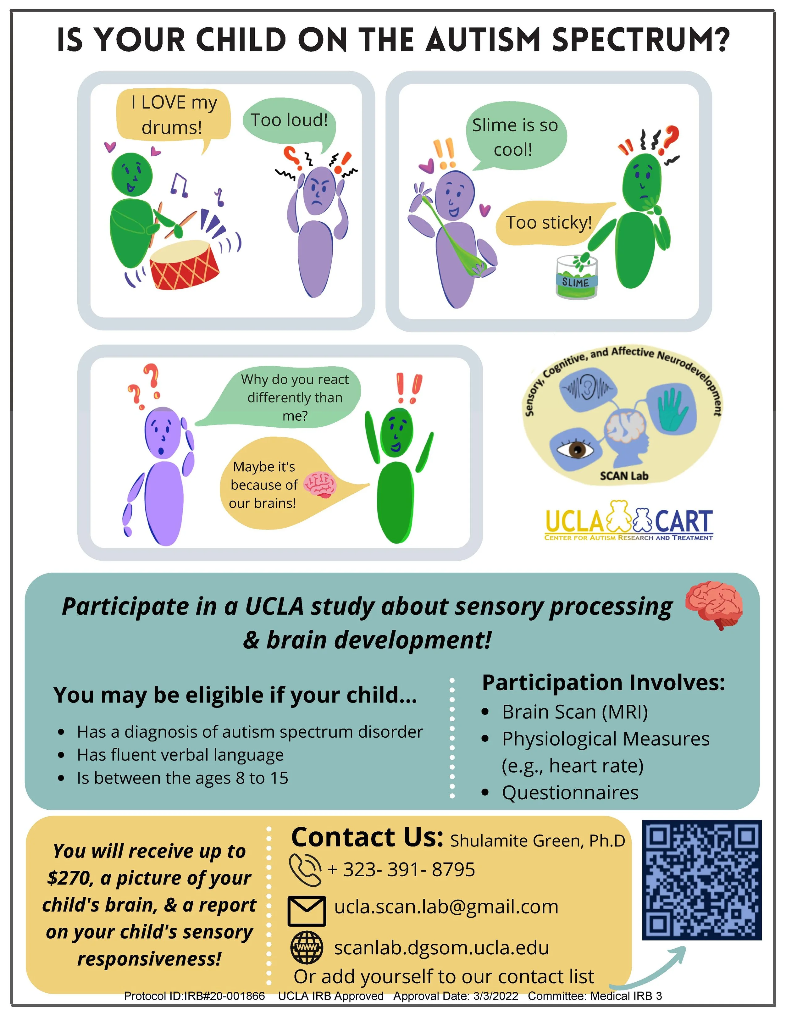 Infographic titled 'Is Your Child on the Autism Spectrum?' with cartoon illustrations of children expressing different reactions to sensory stimuli, a diagram of brain functions, and details about UCLA sensory processing and brain development study including eligibility criteria, participation activities, and contact information.
