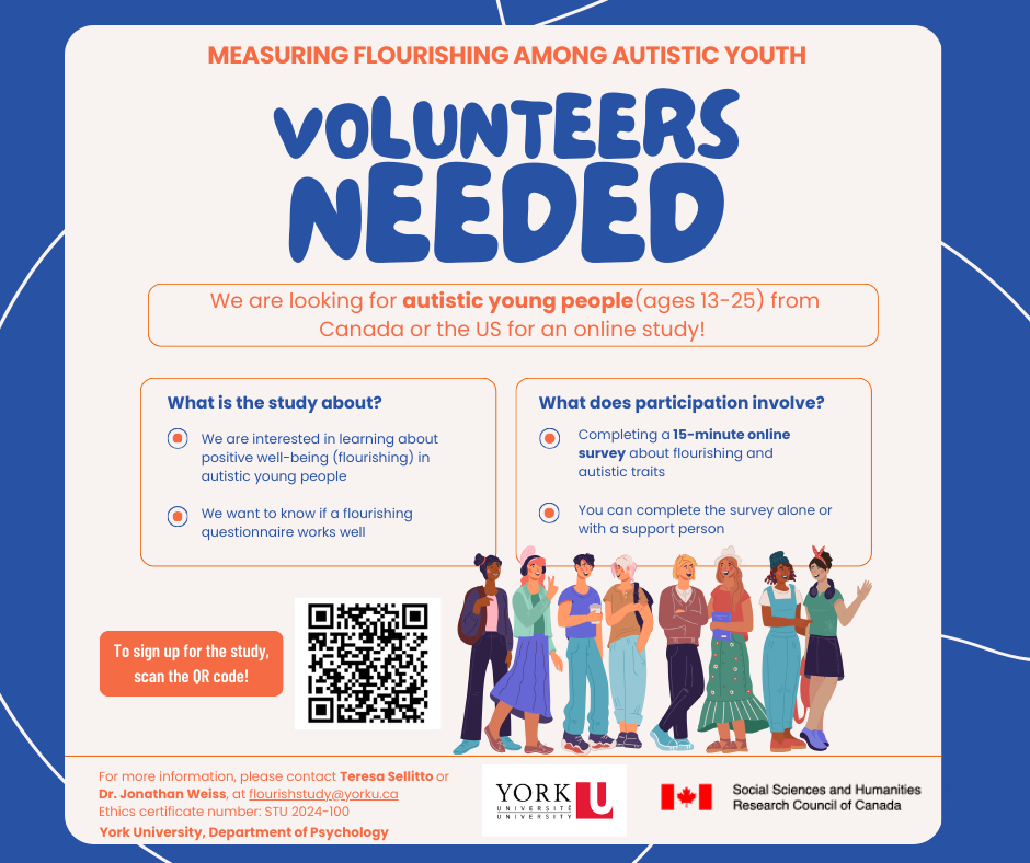 A flyer seeking volunteers for a study on flourishing among autistic youth, including a QR code, illustrations of diverse young people, and details on study purpose and participation requirements.