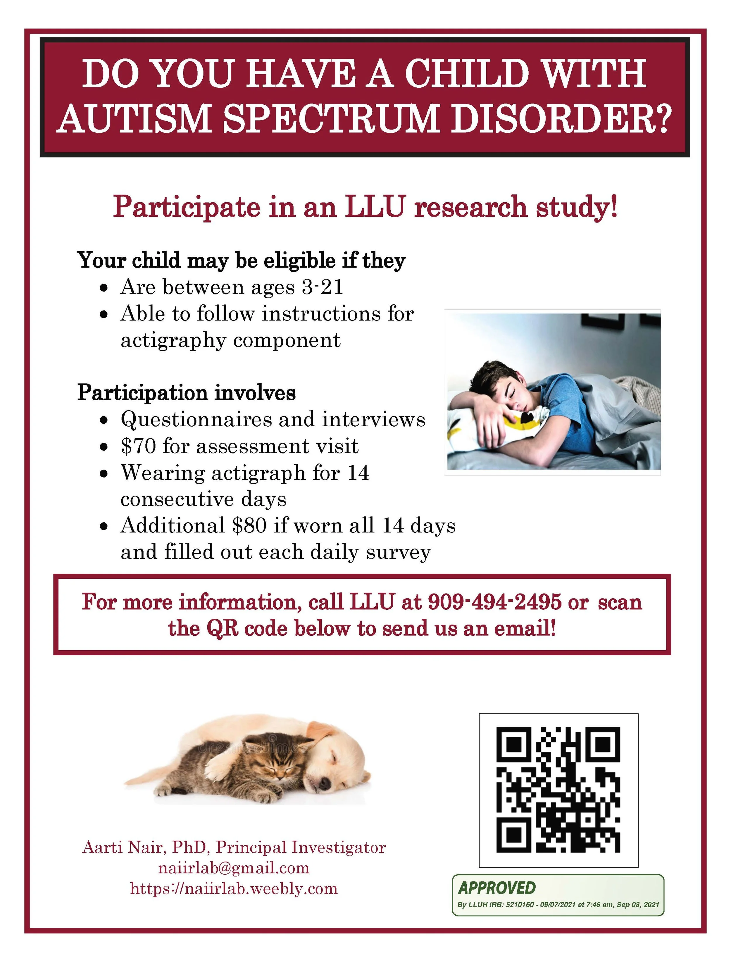Flyer advertising a research study on children with autism spectrum disorder, including details about participation, eligibility, and contact information, with images of a sleeping boy and a kitten cuddling with a puppy.