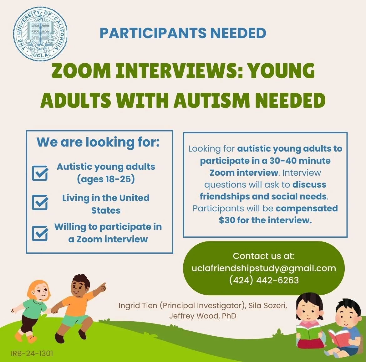 Flyer seeking young adults with autism for Zoom interviews, includes university logo, contact info, and cartoon children on a grassy hill.