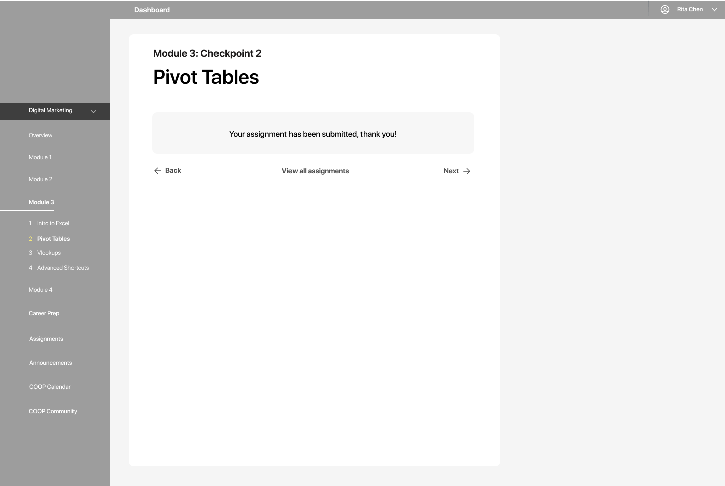 Assignment submission confirmation screen