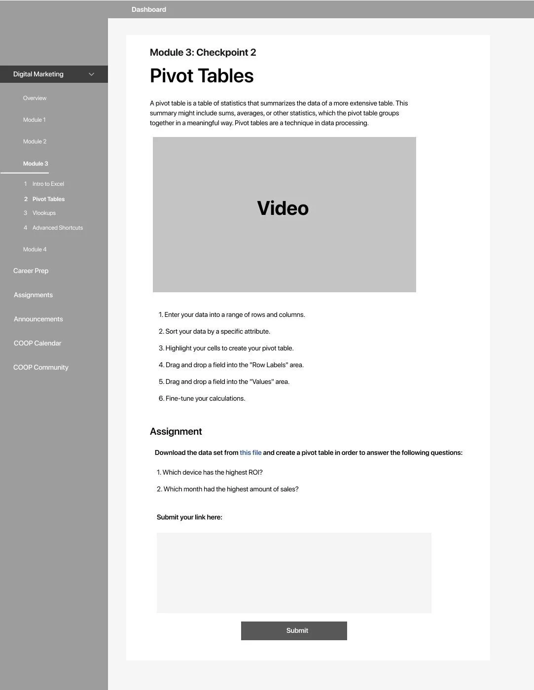 Viewing a module/checkpoint with the assignment submission box on the bottom