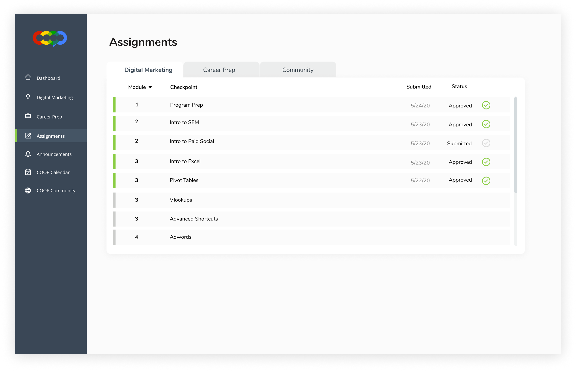 Unsubmitted assignments are now grayed out so that the green color communicates completed assignments.