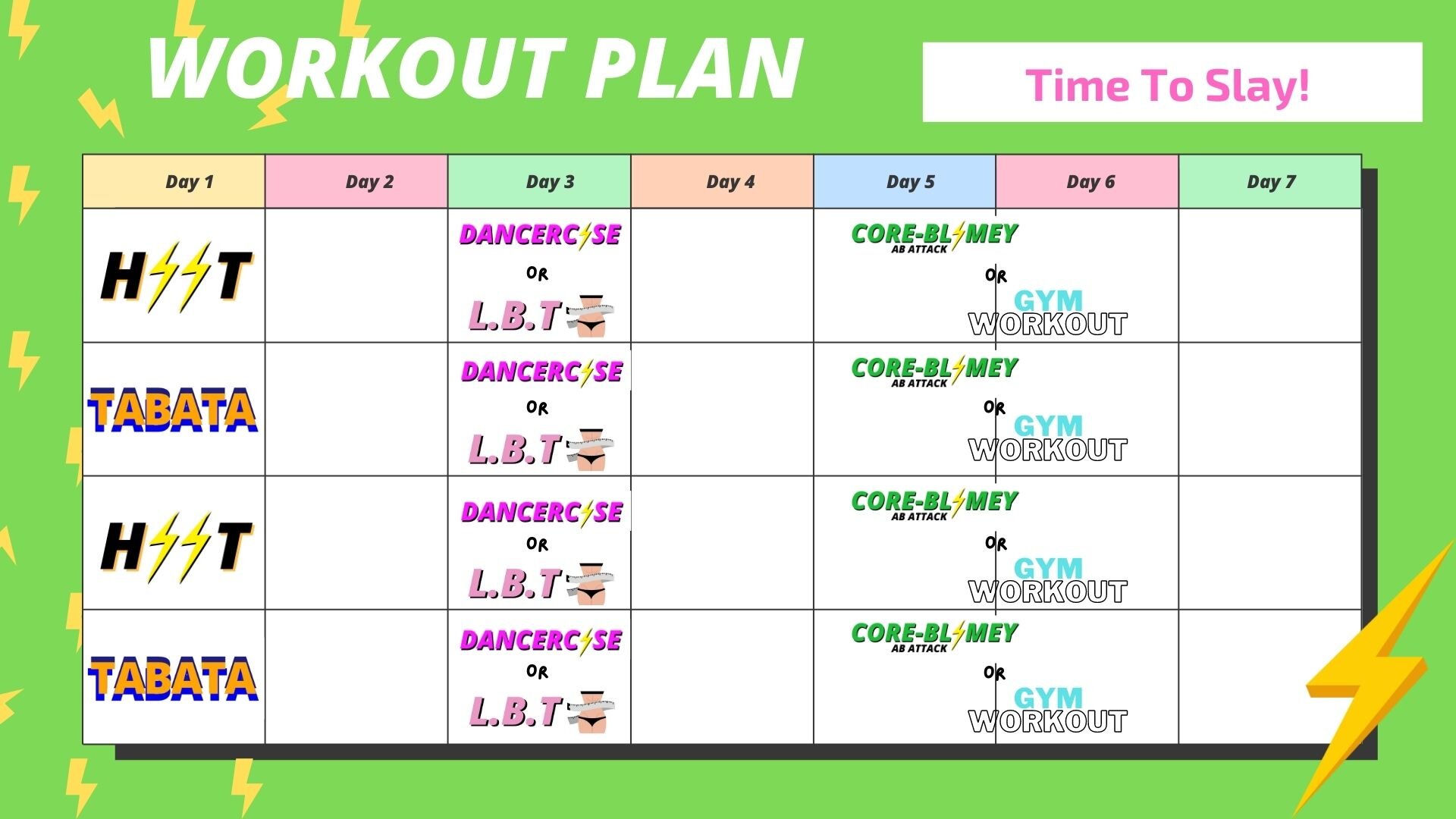 Are you just starting your journey? Try to complete 2 workouts per week with active rest days. Choose body weight workouts and Low intensity options where available.