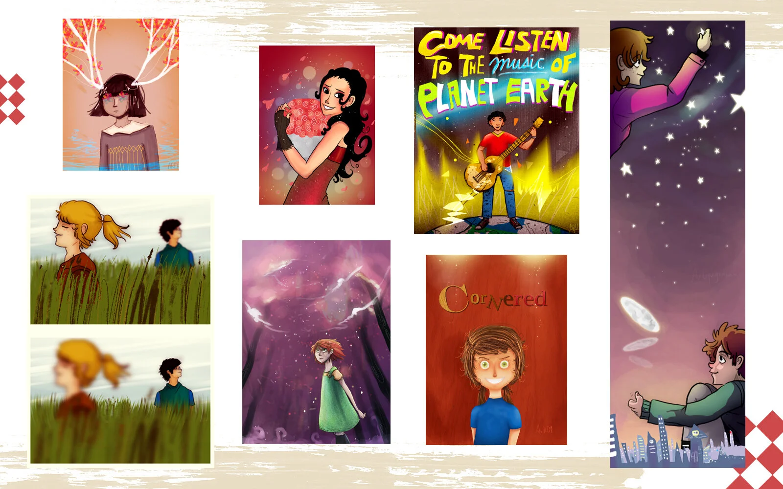 I tried coloring in 3D like the Cornered piece, and I tried incorporating stories more into these illustrations.