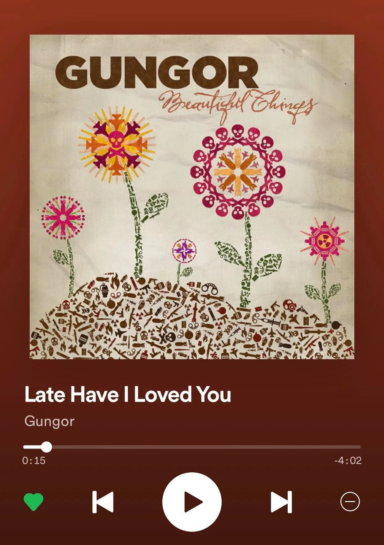 I’ve been listening to songs that have comforted me for a very long time like Gungor’s Late Have I Loved You and Beautiful Things, Switchfoot’s Restless, and Steffany Gretzinger’s The Olive Grove…