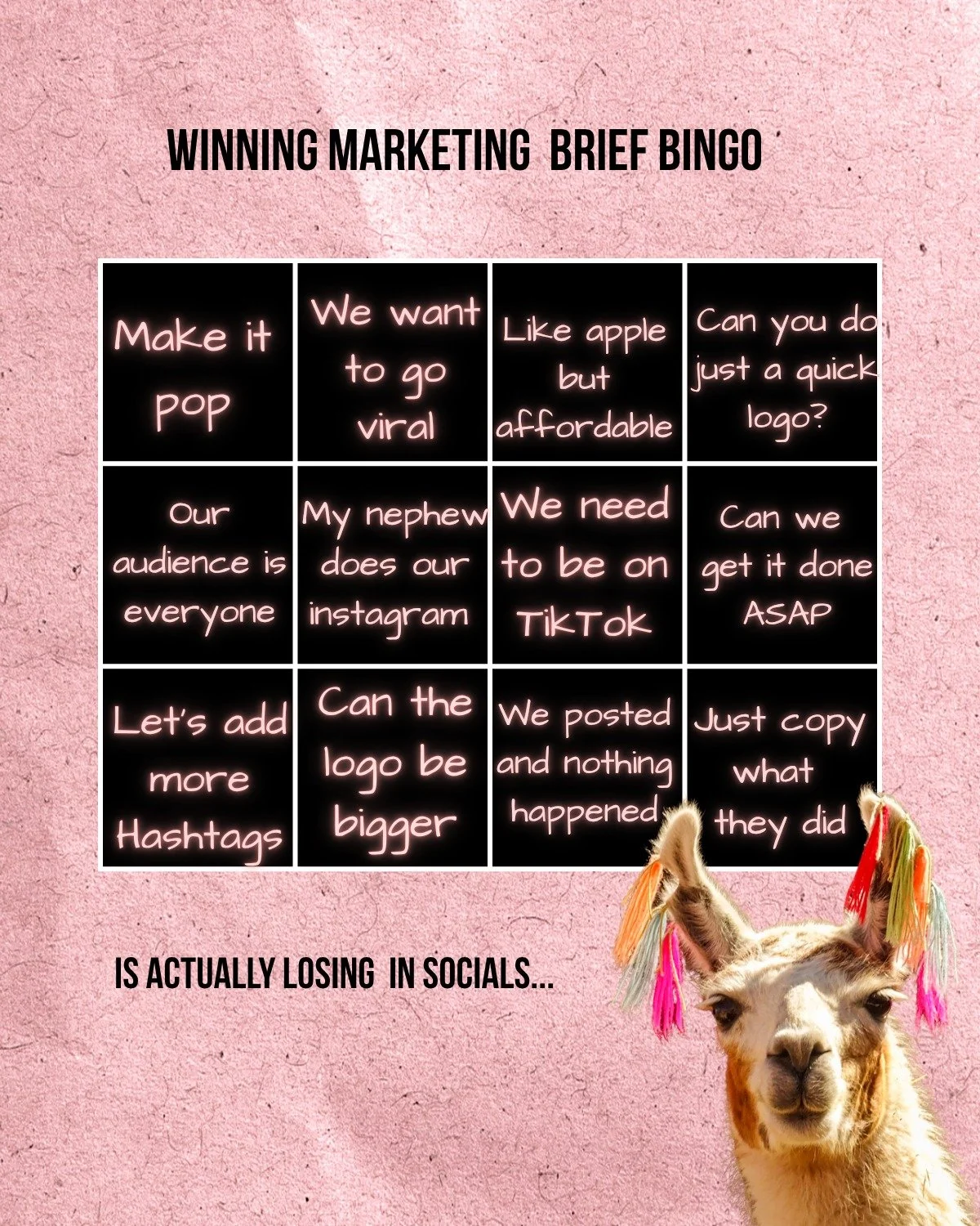 Marketing brief bingo.

Every square is a real thing a real founder has said to us. Some of them in the same meeting.

Five of them are translated in the slides.

Four in a row and you're not a bad client. You're a client without a sentence yet. That