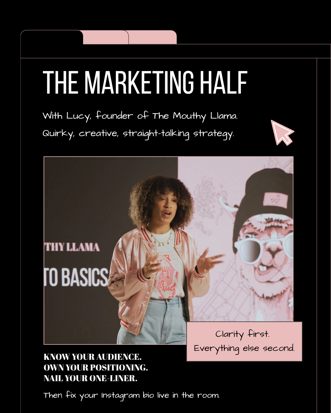 Founder of The Mouthy Llama Lucy Demming with Marketing workshop event information