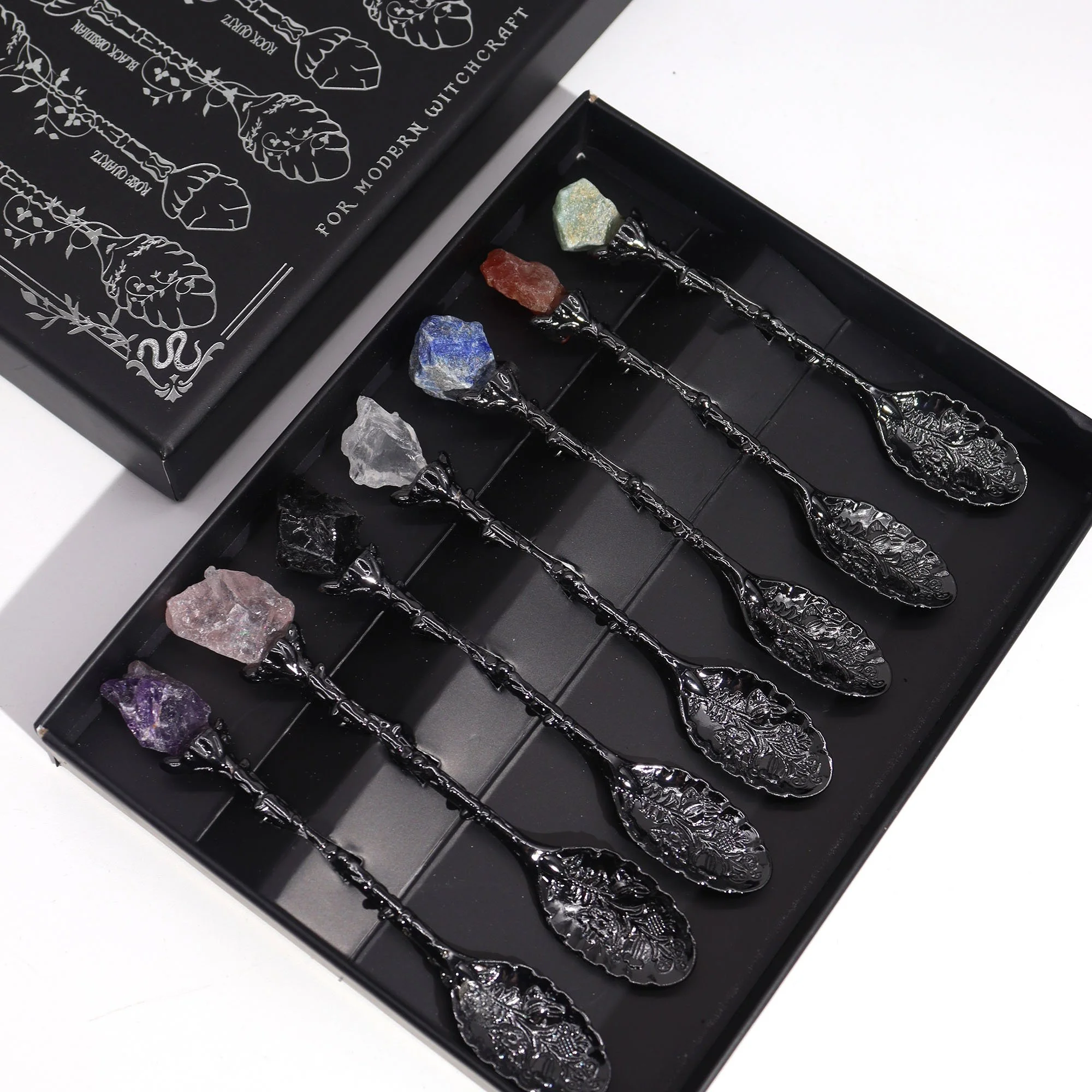 Set of Seven Gemstone Crystal Witch Spoons