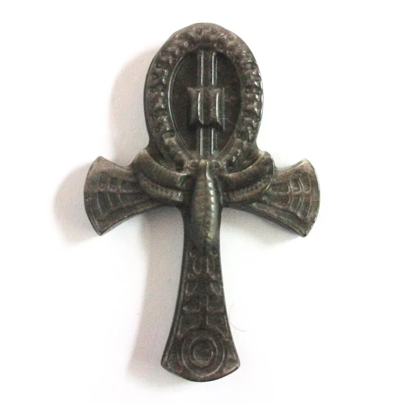 Silver Sheen Obsidian Ankh Carving