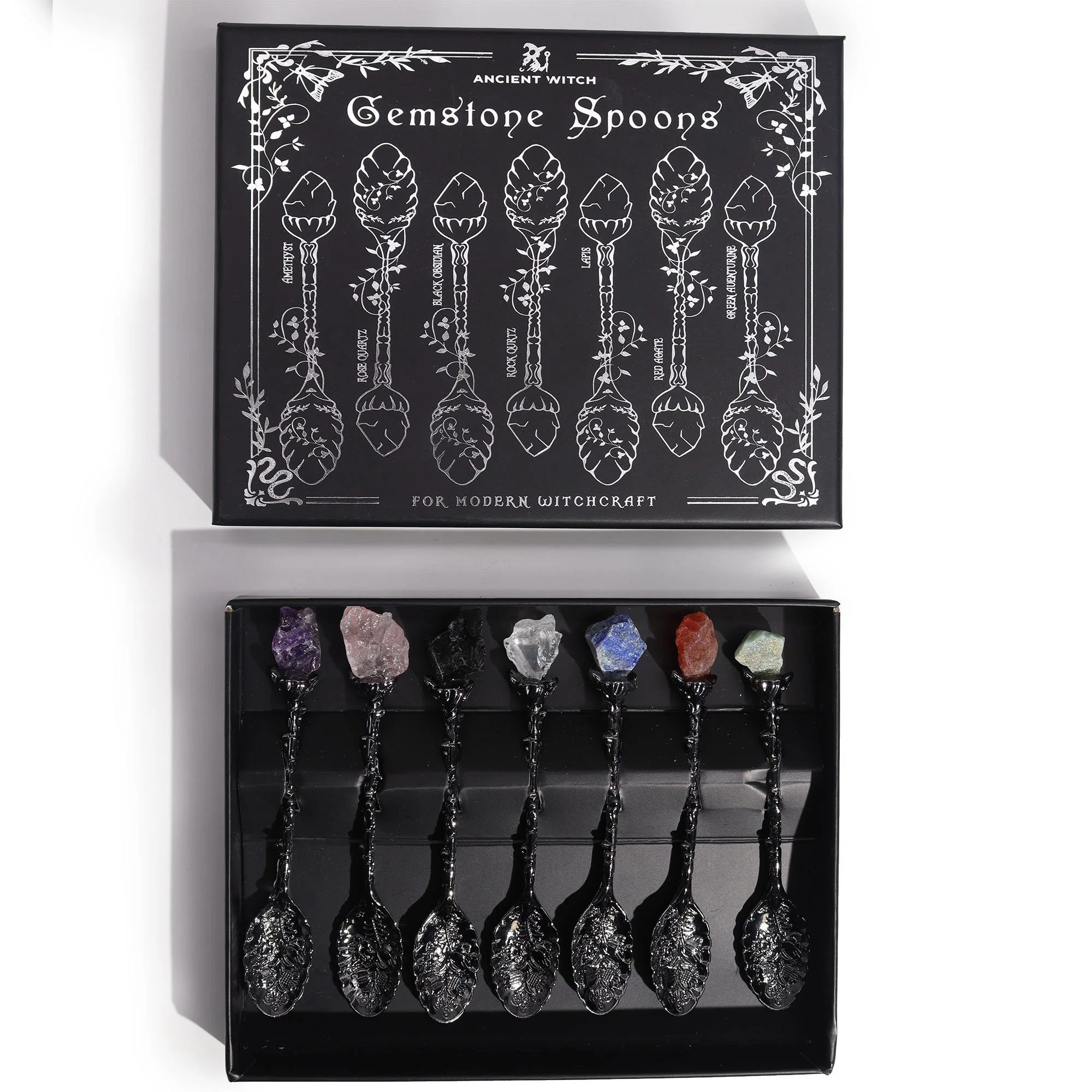Set of Seven Gemstone Crystal Witch Spoons