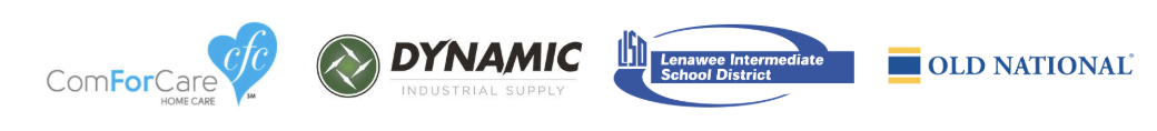 Logos of ComForCare Home Care, CFC, Dynamic Industrial Supply, Lenawee Intermediate School District, and Old National Bank.