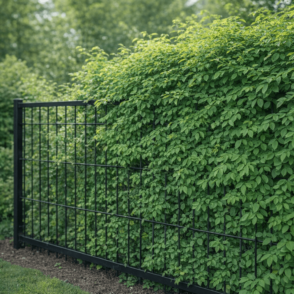 Natuurlijke tuinafscheiding met groene beplanting tegen een hekwerk