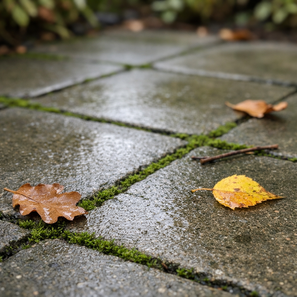 groene aanslag terrastegels najaar