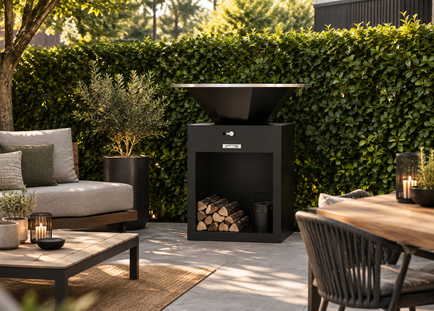Zwarte stalen bbq in de tuin
