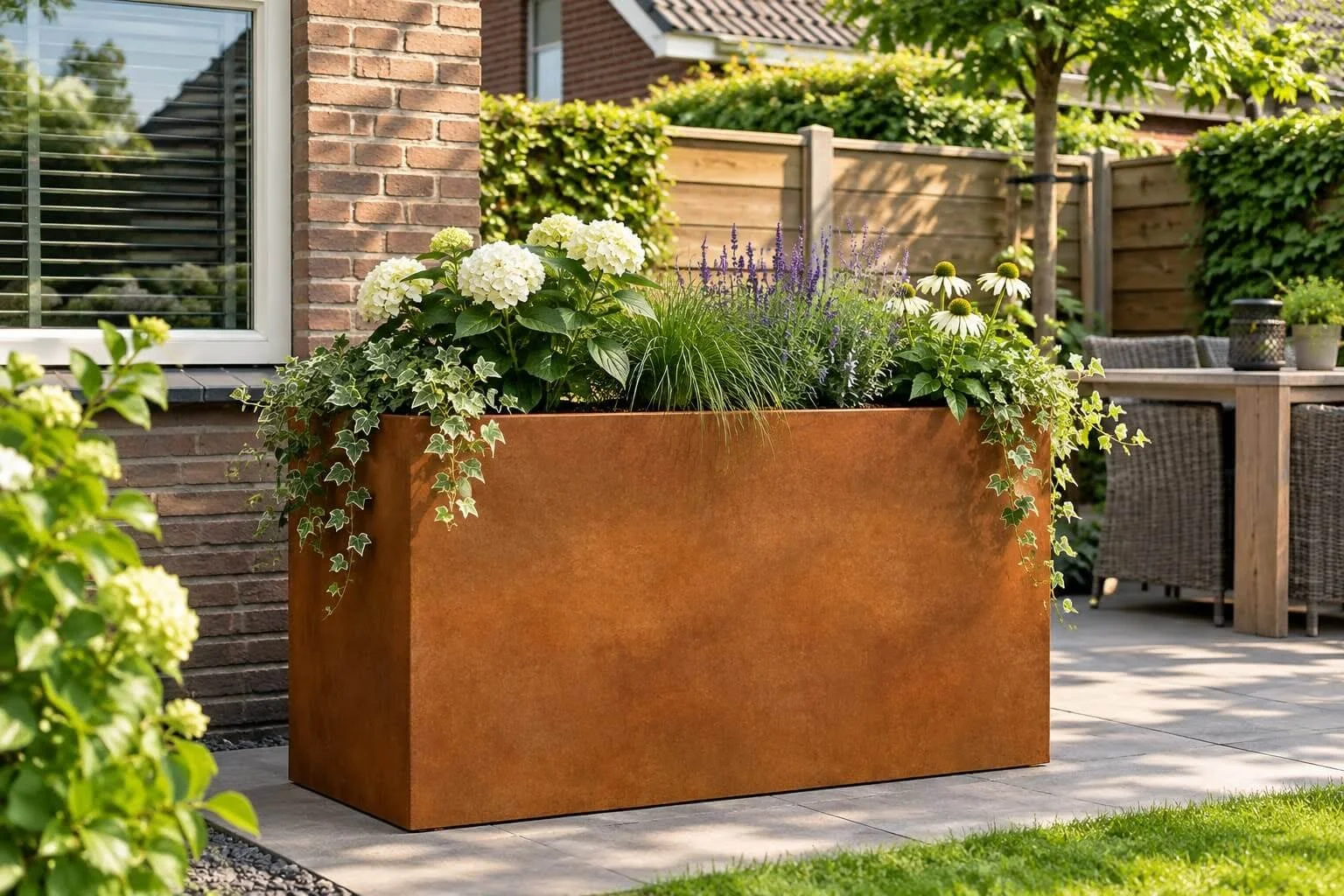 Cortenstaal plantenbak rechthoekig 40x120x80 cm, laag en lang model