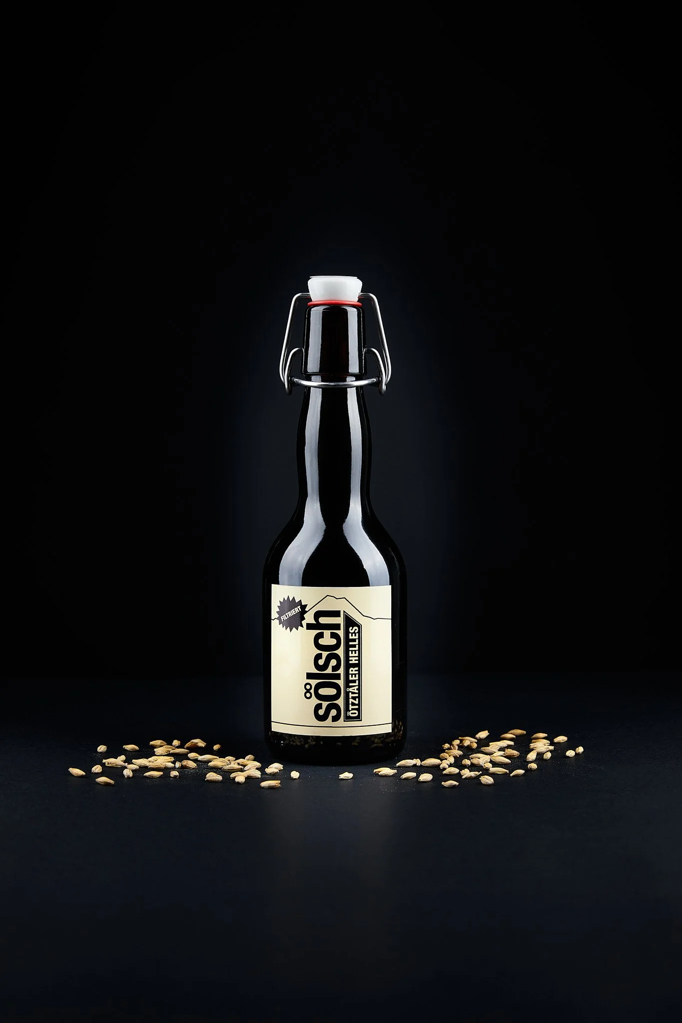 Schwarzbraune Flasche mit weißem Etikett und Papierverschluss, umgeben von Sonnenblumenkernen auf schwarzem Hintergrund. Fotografiert von Sarah Neuner.