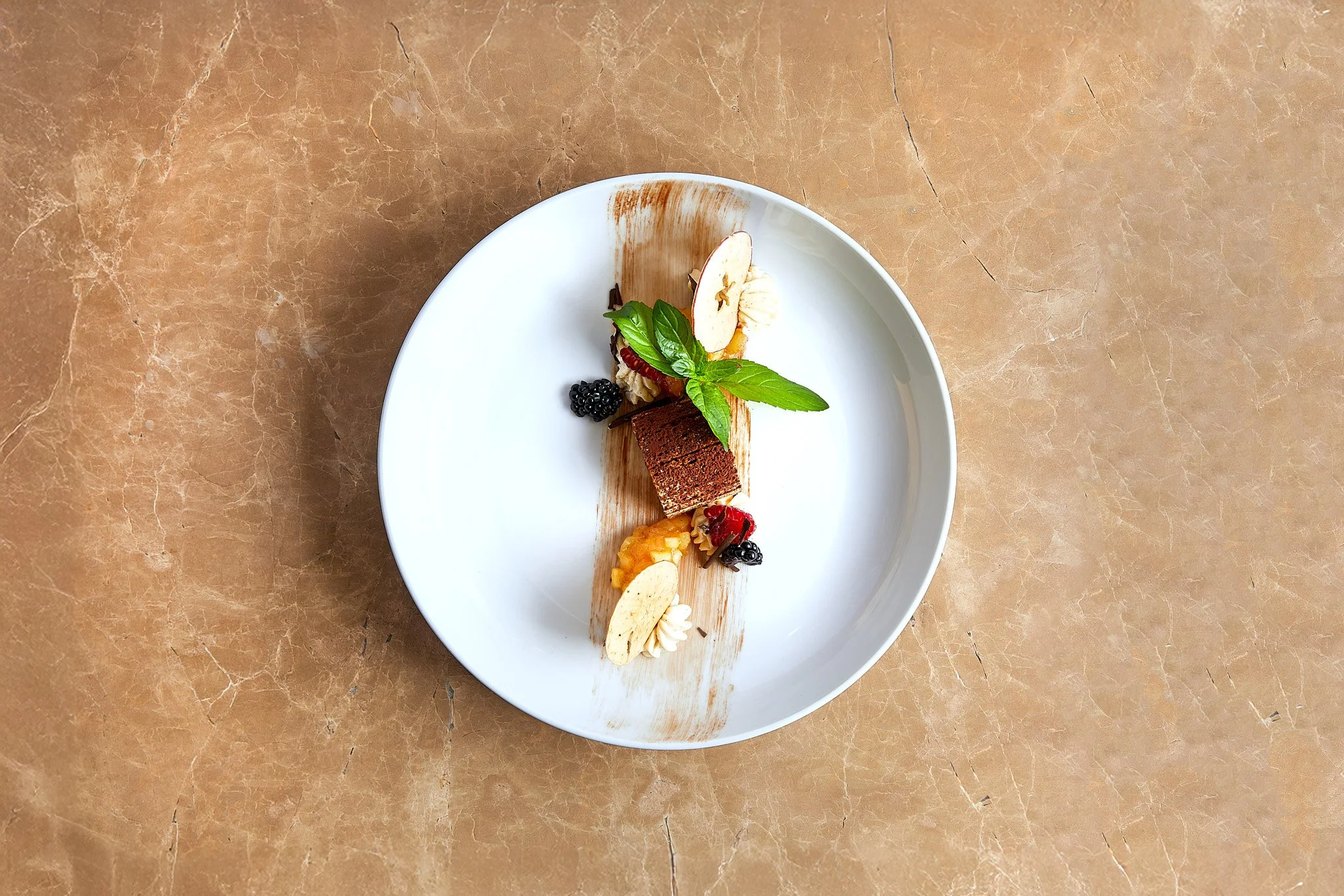 Elegantes Dessert mit bunten Beeren, Minze, Biskuit und Schokoladensauce auf weißem Teller, fotografiert von oben. Fotografiert von Sarah Neuner.