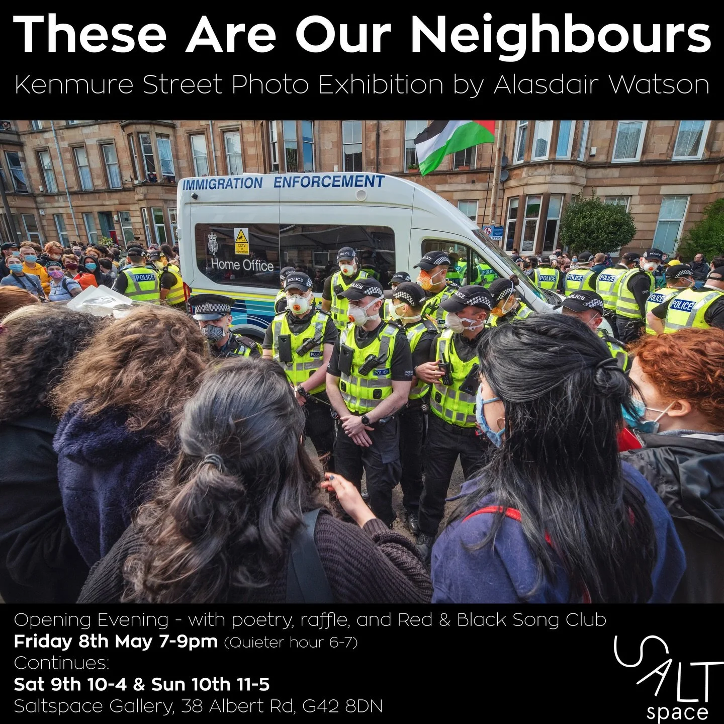 THIS WEEKEND! Exhibition opening at @salt_spacecoop looking back at Kenmure Street. 
We&rsquo;ll have poetry from members of @kelvingrovewriters, songs from @redandblacksongclub and a raffle, raising donations for @bowlinggreentogether and others. I&