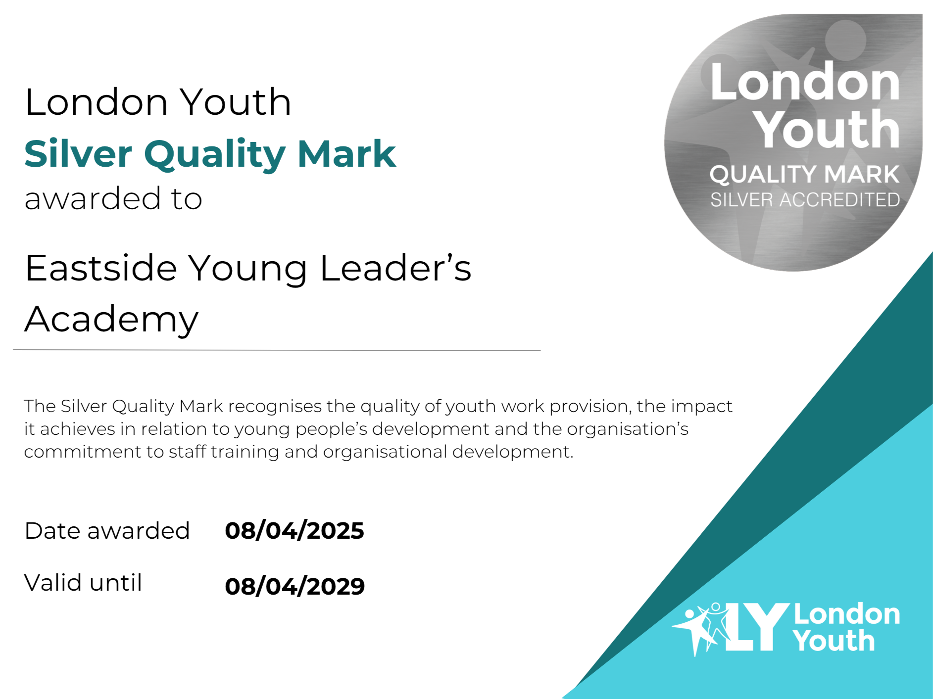 Image of certificate for the London Youth Silver Quality Mark