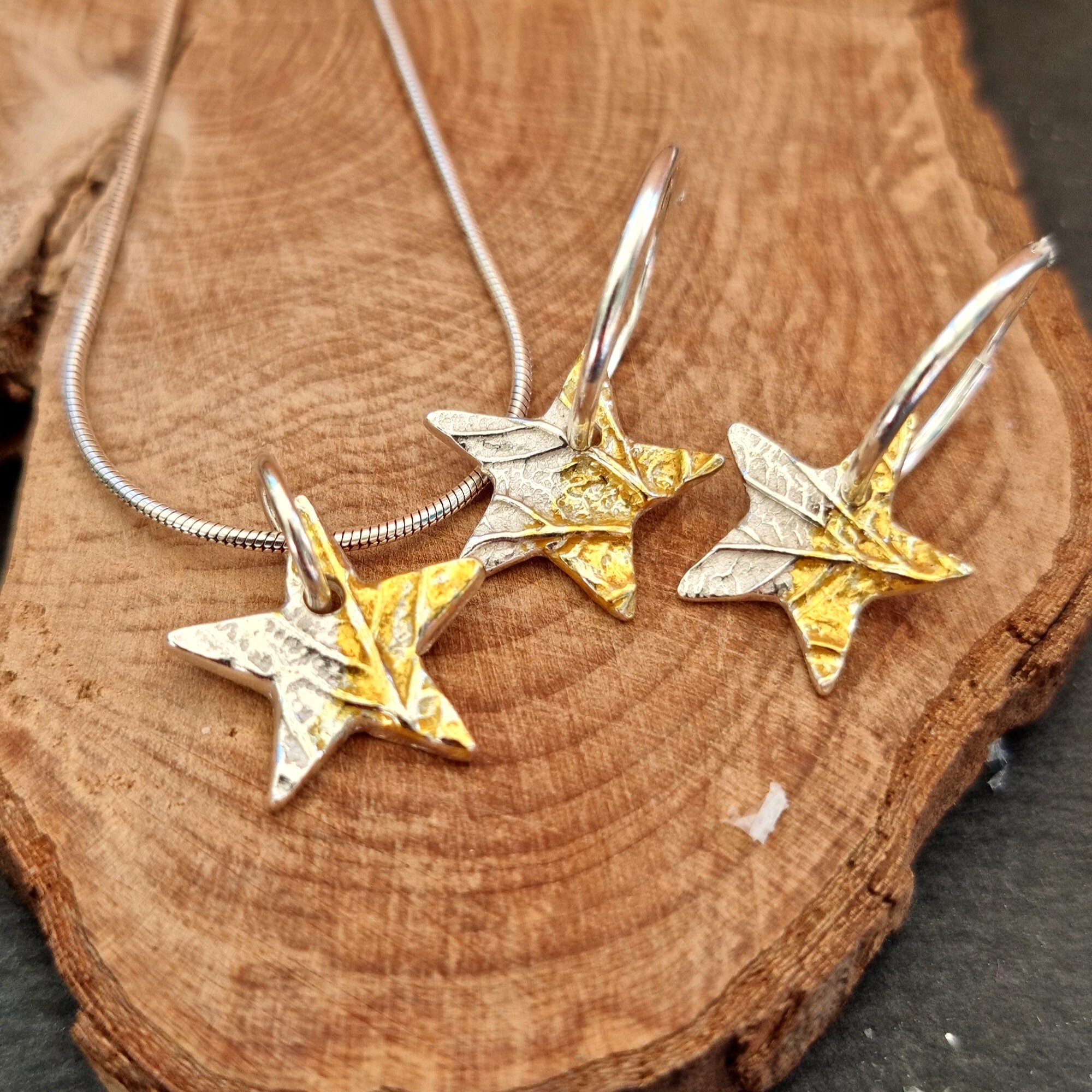 Silver and gold Star Necklace with matching creole hoop star earrings