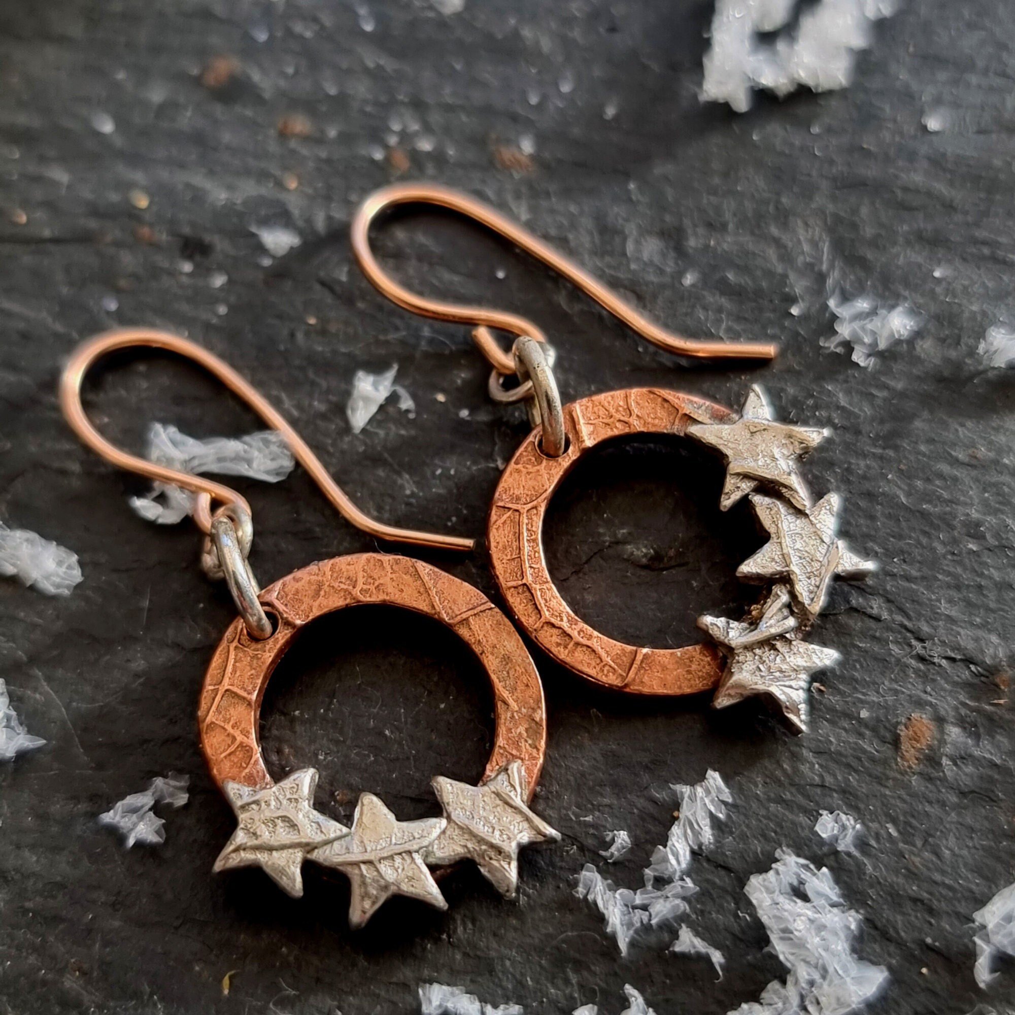 Silver and copper star hoop drop earrings