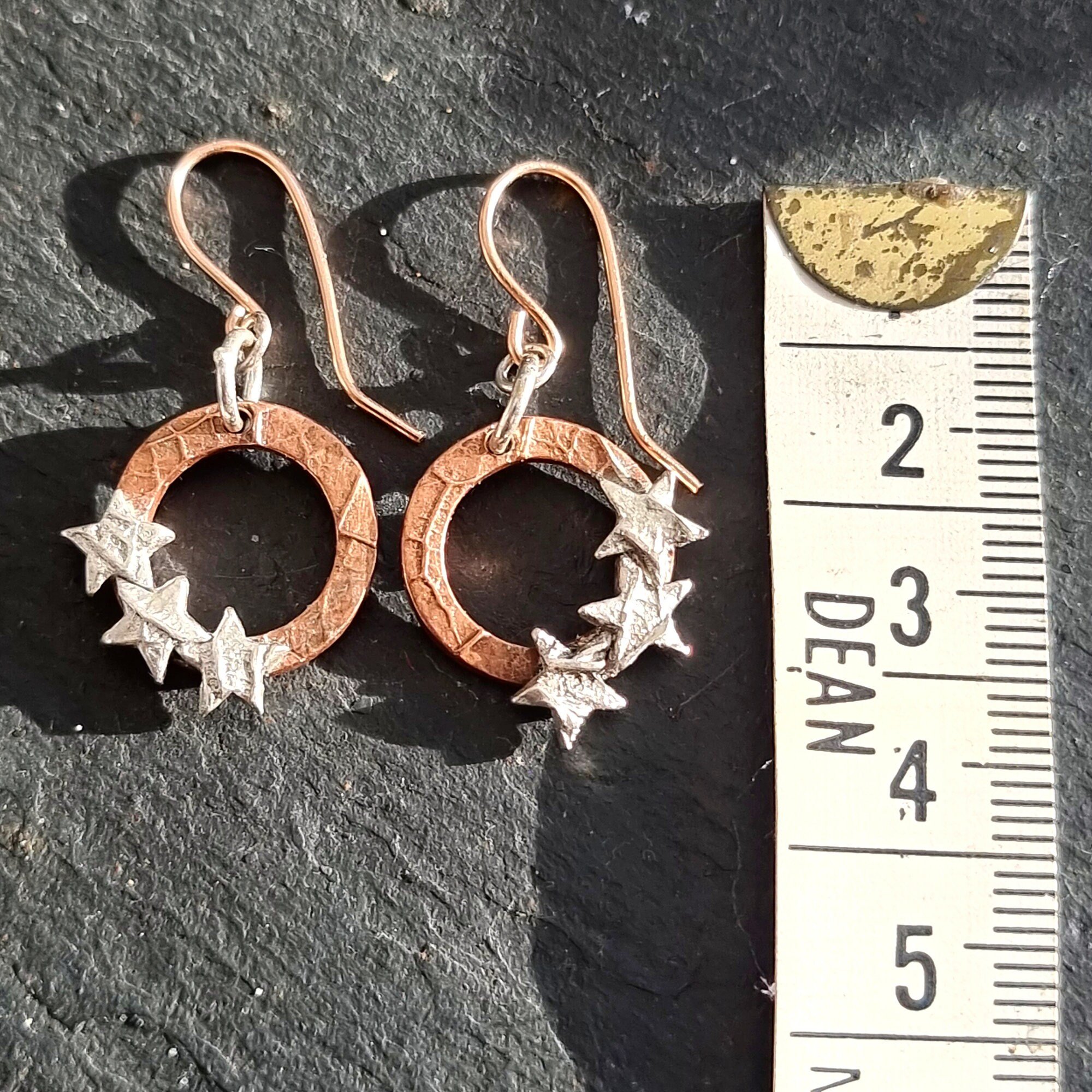 Silver and copper star hoop drop earrings