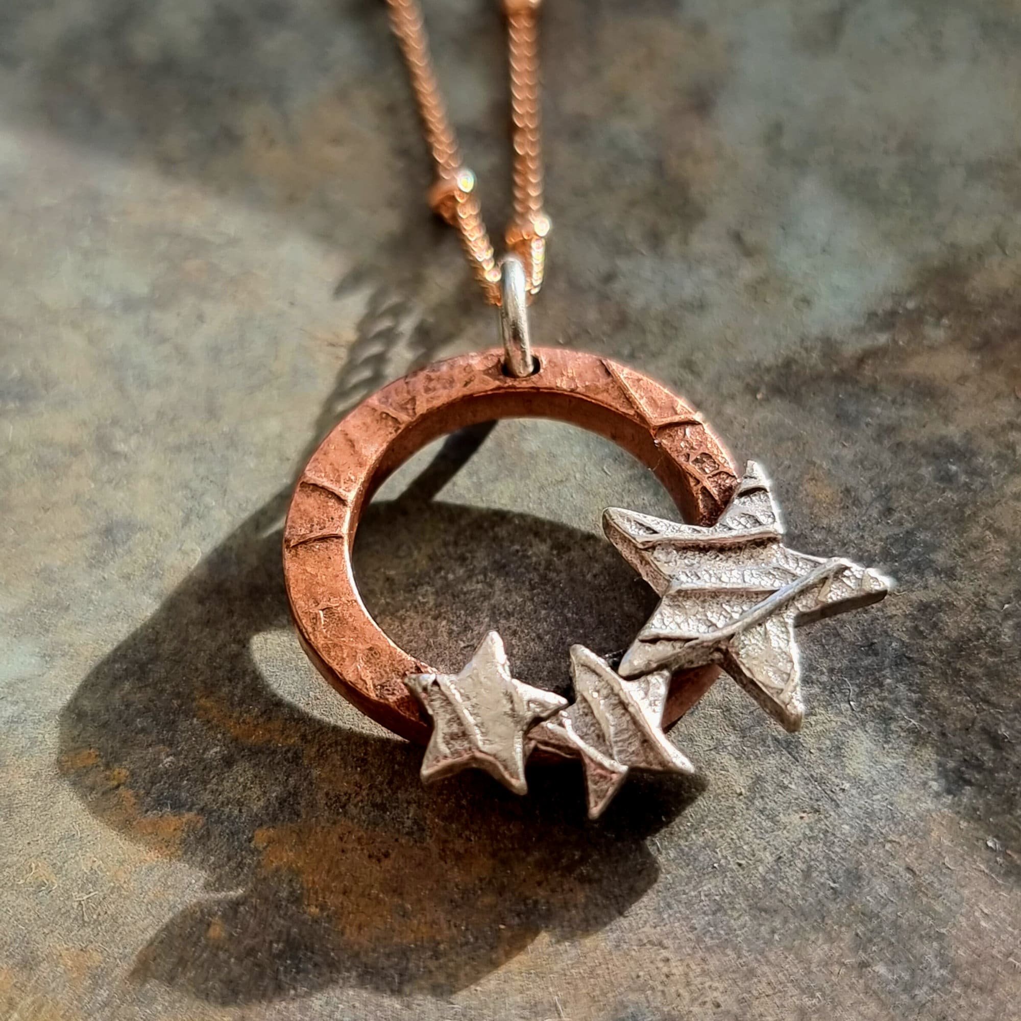 Silver Stars on a copper hoop pendant with Rose Gold Filled Satellite chain