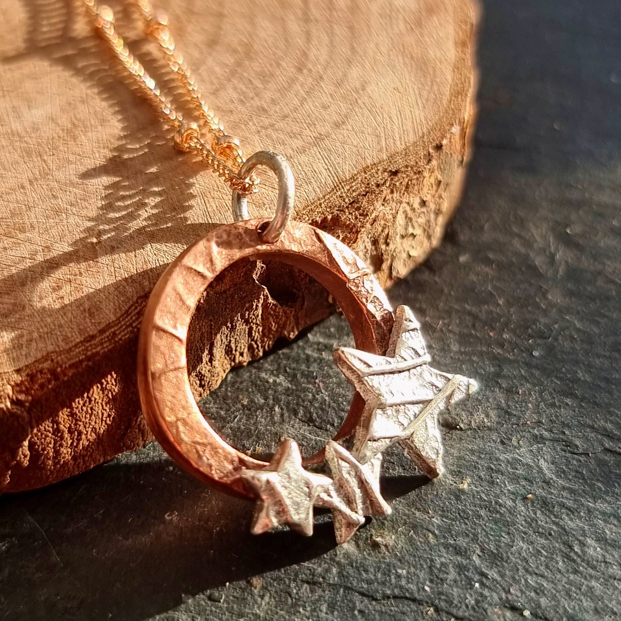 Silver Stars on a copper hoop pendant with Rose Gold Filled Satellite chain