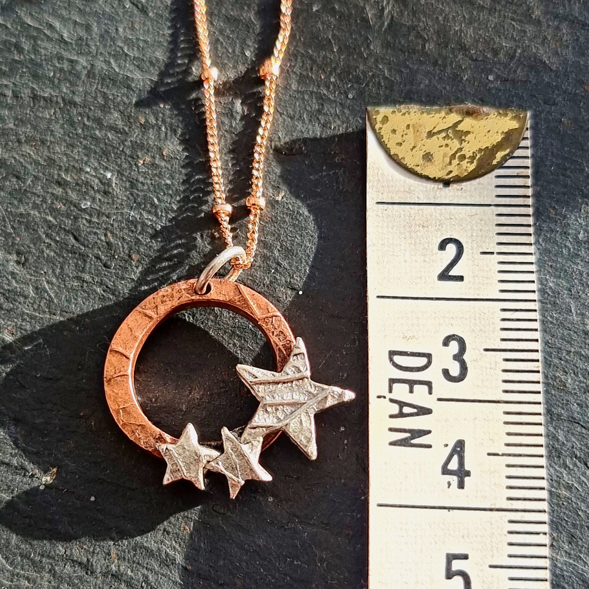 Silver Stars on a copper hoop pendant with Rose Gold Filled Satellite chain
