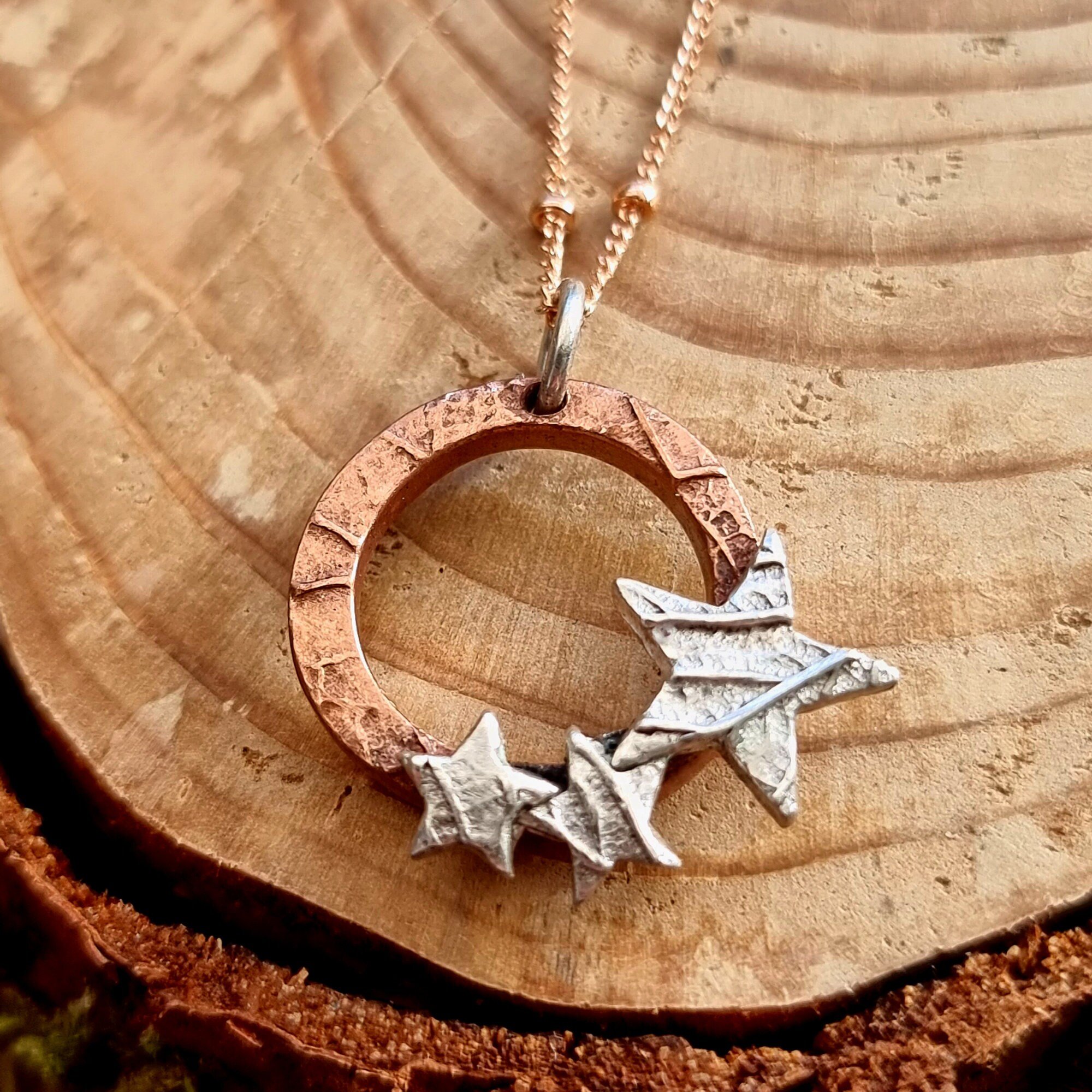 Silver Stars on a copper hoop pendant with Rose Gold Filled Satellite chain