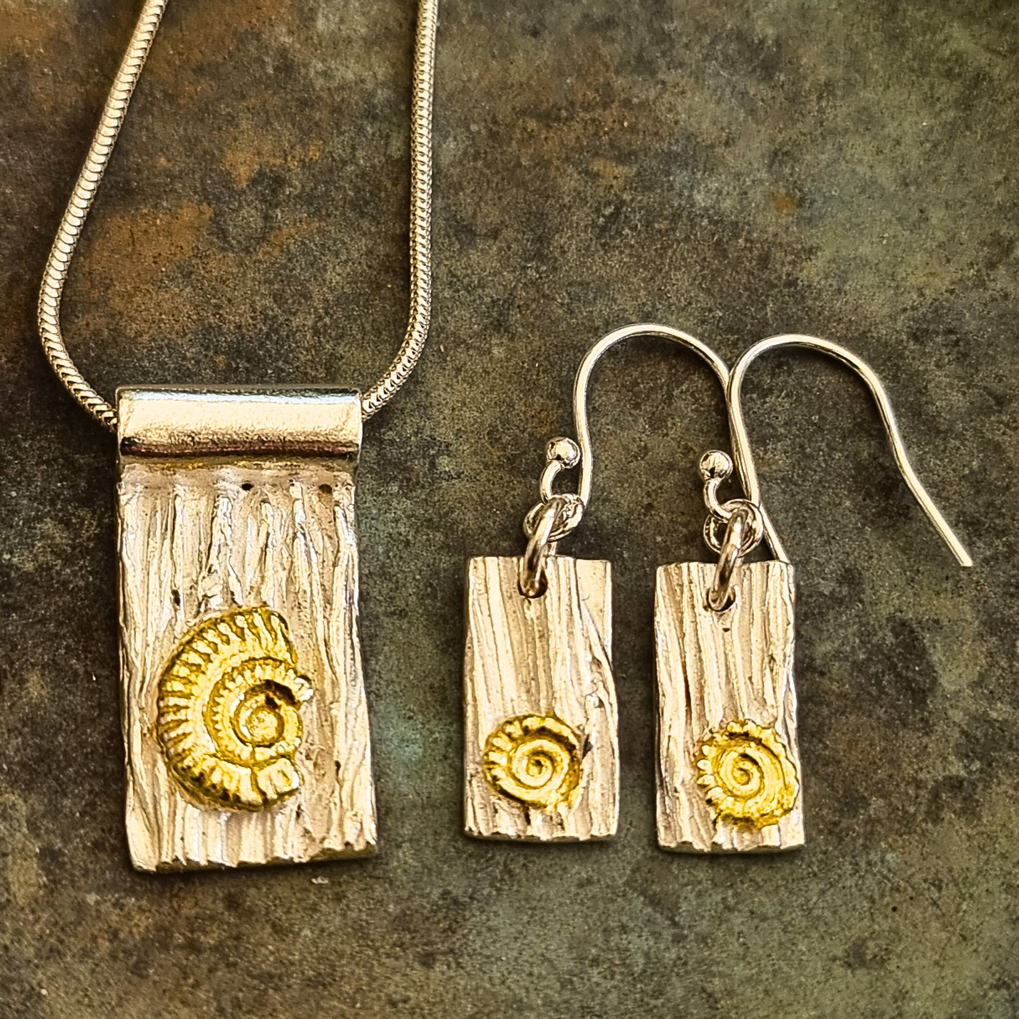 Silver Fossil Ammonite Earrings with Gold Patina Handcrafted