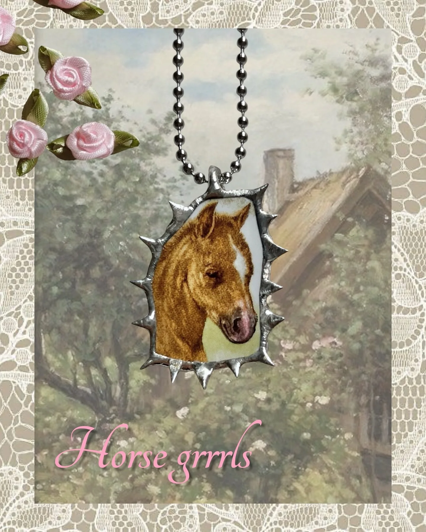 Horse Grrrl necklaces 🌸🧷🎀 made from a vintage plate found in a charity shop 🍽️⚒️⛓️