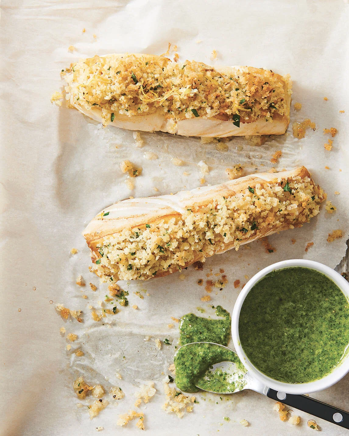 Panko Halibut With Basil Vinaigrette Recipe — Bite Me More