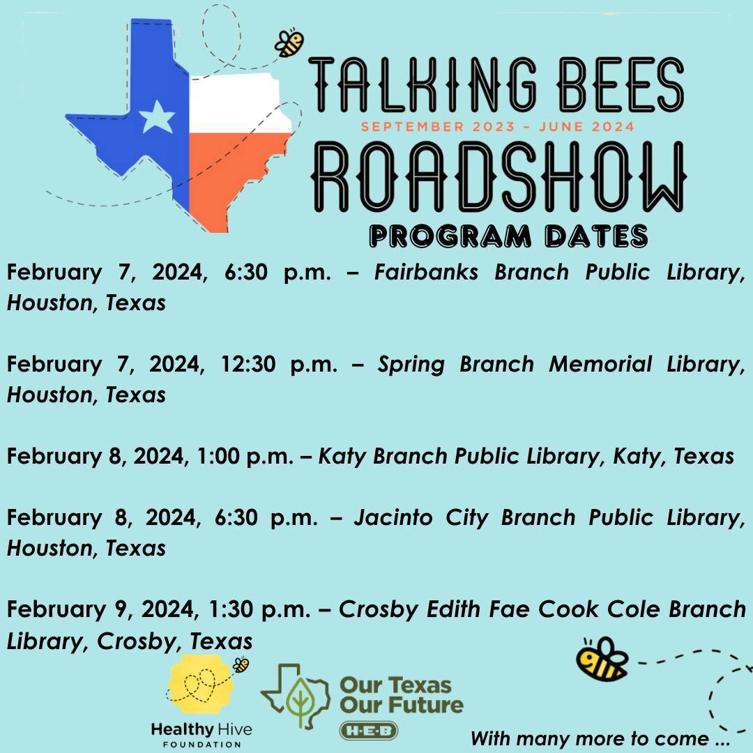 The buzz around Texas is that we have MORE Talking Bees Roadshows coming to a public library near you! In our partnership with @heb and Konrad Bouffard from @roundrockhoney , we are bringing you more opportunities to learn about bees while providing 