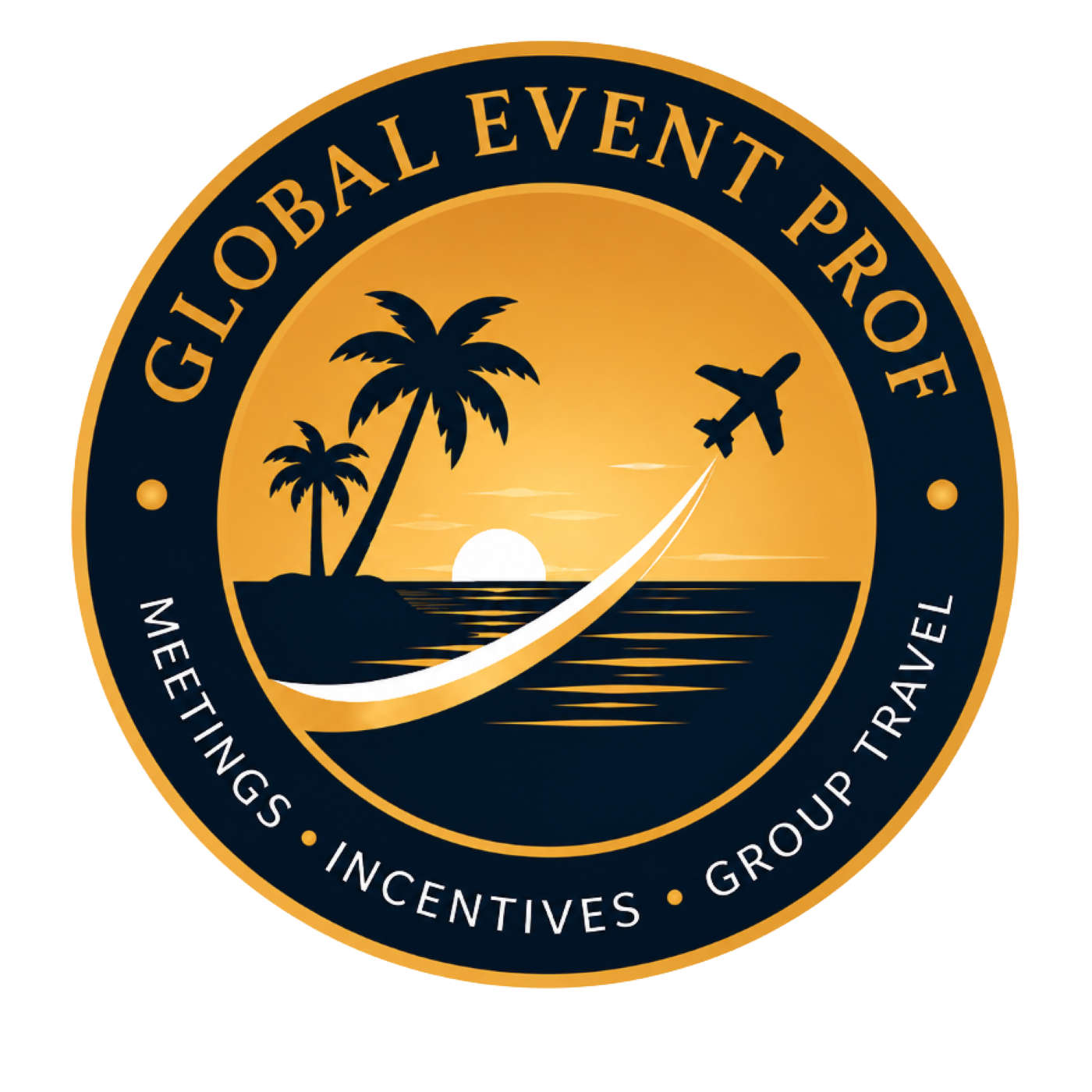 Logo of Global Event Prof featuring a sunset over the ocean with palm trees and an airplane flying away, enclosed in a circular emblem with the words 'Meetings, Incentives, Group Travel' around the border.