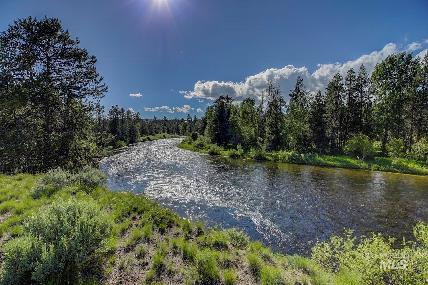 Scenic landscape with a river flowing through a forest under a clear blue sky and sun.
