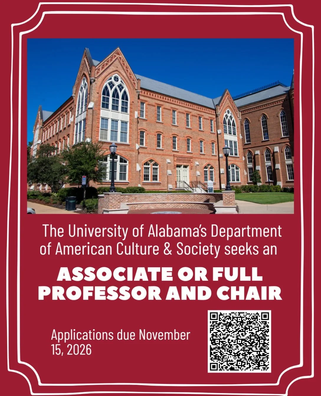 Our colleagues in the Department of American Culture and Society at the University of Alabama seek an Associate or Full Professor to join their newly-formed Department (which contains Women and Gender Studies!) as Chair. Applications are due November