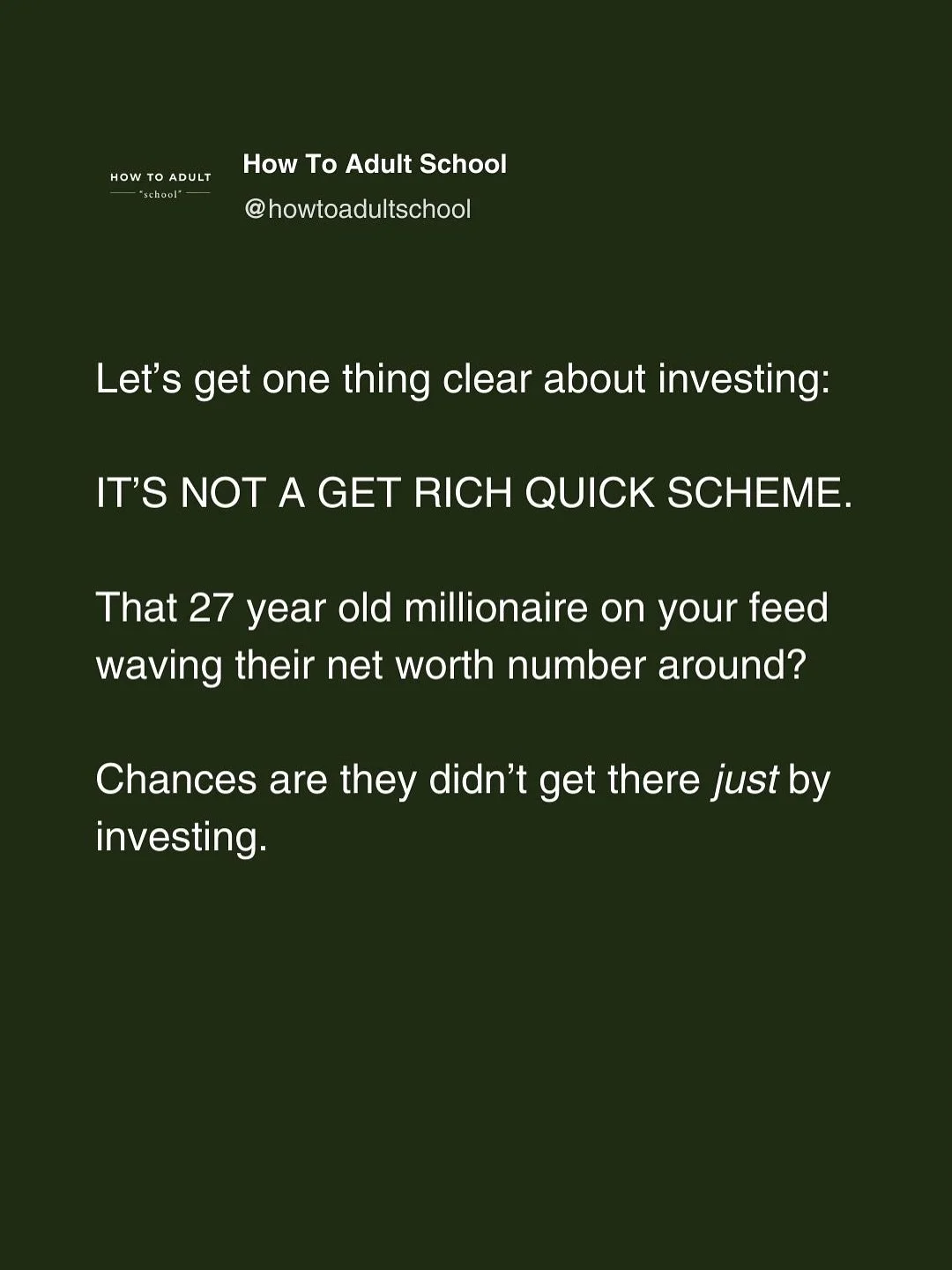 Always remember, no matter what you hear, investing is not a get rich quick scheme. It&rsquo;s a slow and steady way to increase your wealth over the span of decades. 
.
Anything else is a gamble, and if you&rsquo;re going to gamble it&rsquo;s way mo