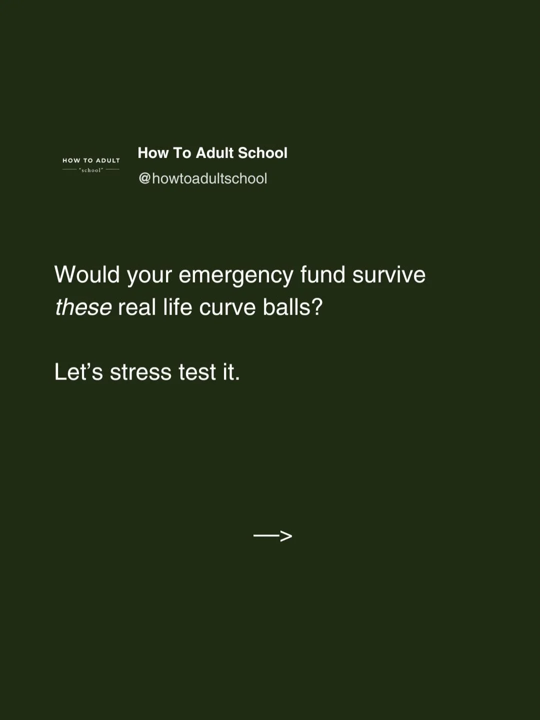 Emergency fund stress test!
.
Is your emergency fund prepared to help you with any of these situations?
.
If not, have you tracked your spending recently and sat down to make a plan about you&rsquo;re going to save more money to fill it up faster?
.
