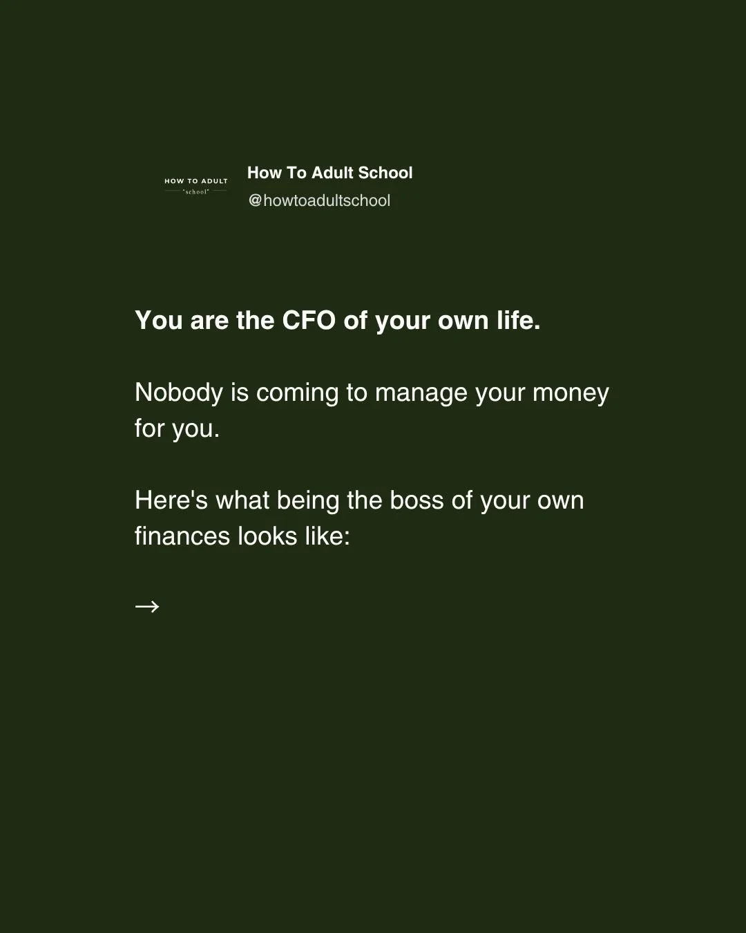 Nobody is coming to manage your money for you. I don&rsquo;t say that to be harsh, it&rsquo;s actually one of the most freeing things you can hear once it really sticks.
.
When you understand that you are the person in charge of your financial life,